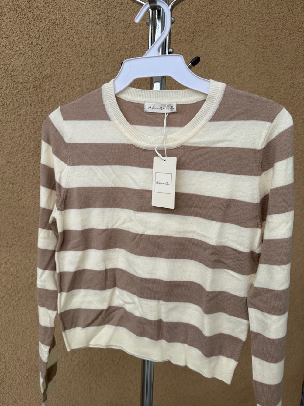 Active USA Cream and Tan Striped Crewneck Sweater